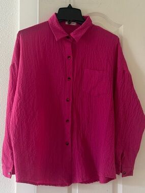 Ekouaer Pink Crinkle Gauze Button Front Shirt Women’s Large Long Sleeve Blouse